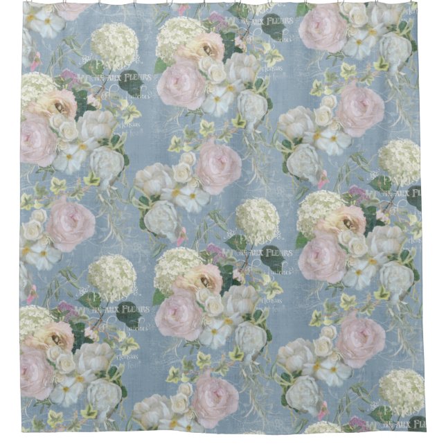 Elegant Floral Dusty Blue Pink Peony Greenery Shower Curtain (Front)