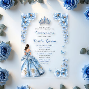 Elegant Floral Dusty Blue Princess Quinceañera Acrylic Invitations