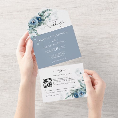 Elegant Floral Dusty Blue Qr Code Wedding All In One Invitation