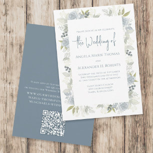 Elegant Floral Dusty Blue Rose QR Code Response Invitation