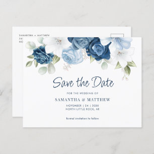 Elegant Floral Dusty Blue Save the Date Announcement Postcard