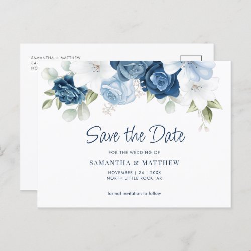 Elegant Floral Dusty Blue Save the Date Announcement Postcard