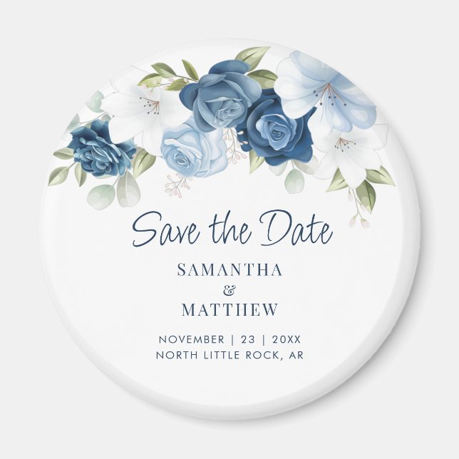 Elegant Floral Dusty Blue Save the Date Magnet (Front)