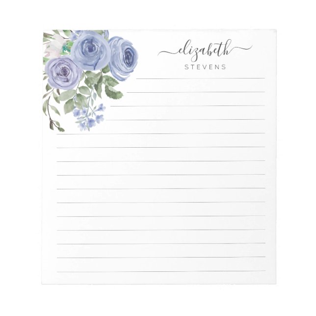 Elegant Floral Dusty Blue Watercolor Rose Script Notepad (Front)