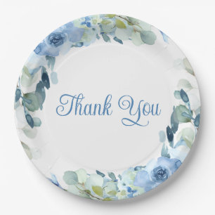 Elegant Floral Dusty Blue Watercolor Rose Wedding Paper Plates