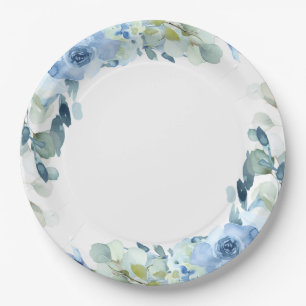 Elegant Floral Dusty Blue Watercolor Rose Wedding Paper Plates