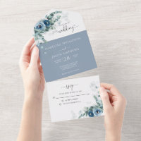 Elegant Floral Dusty Blue Watercolor Wedding All In One Invitation