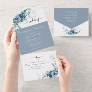 Elegant Floral Dusty Blue Watercolor Wedding All In One Invitation
