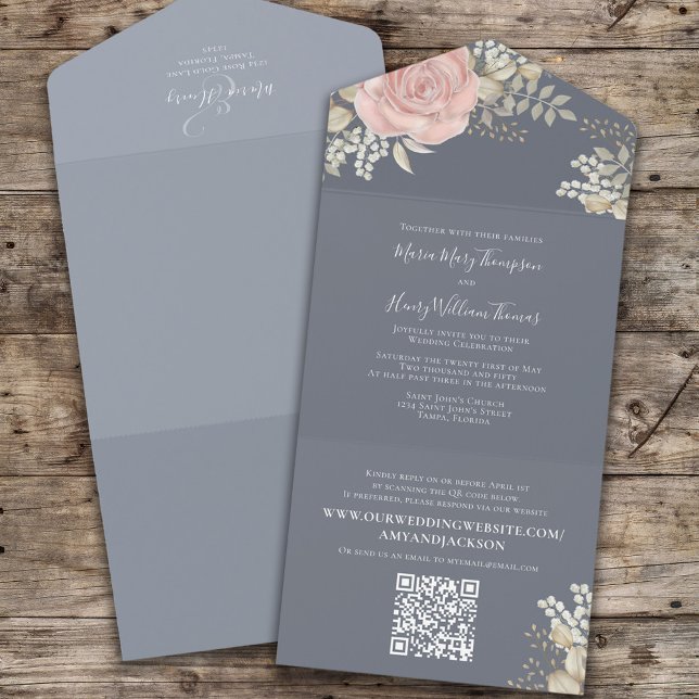 Elegant Floral Dusty Blue Wedding  All In One Invitation (Creator Uploaded)