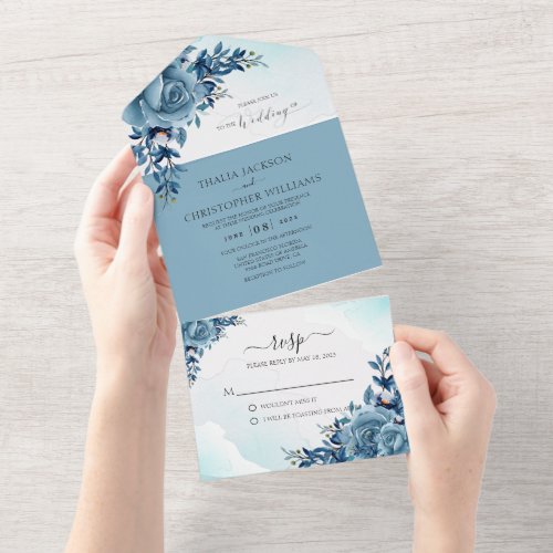 Elegant Floral Dusty Blue Wedding All In One Invitation