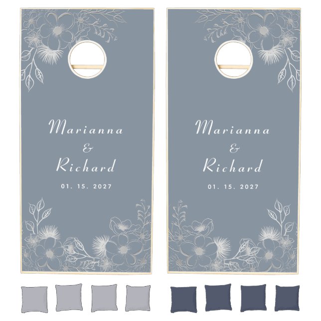 Elegant Floral Dusty Blue Wedding Cornhole Set (Set)