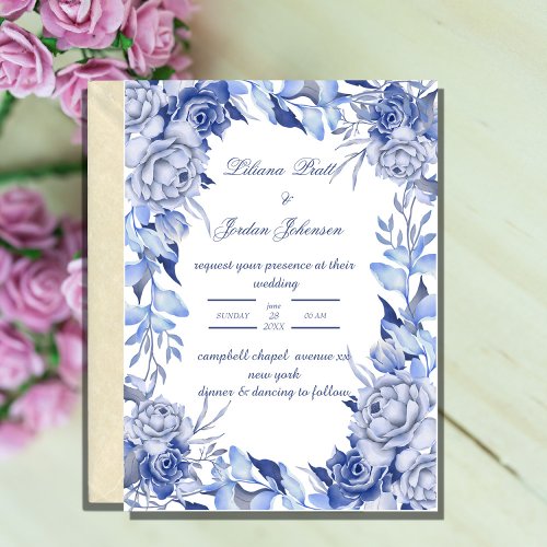 elegant floral dusty blue wedding invitation