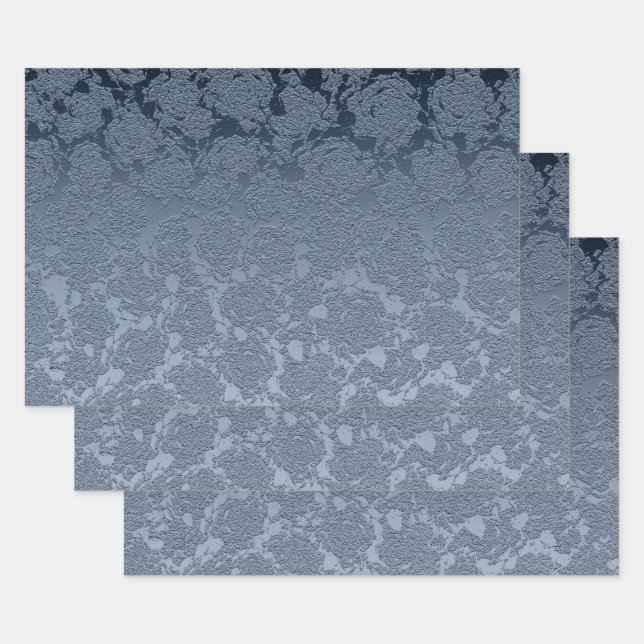 Elegant Floral Dusty Blue White Pattern Wrapping Paper Sheets (Set)