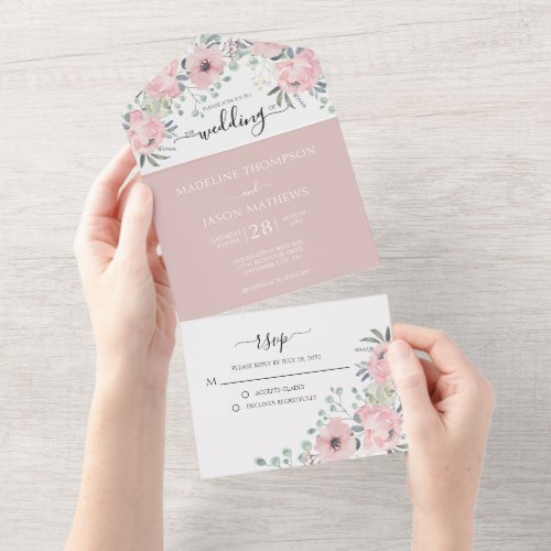 Elegant Floral Dusty Blush Pink Watercolor Wedding All In One Invitation