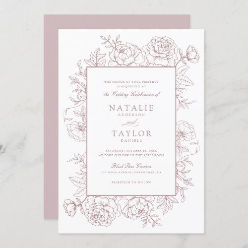 Elegant Floral Dusty Blush Roses Frame Wedding Invitation