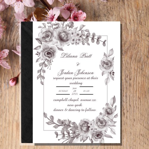 elegant floral dusty bue wedding invitation