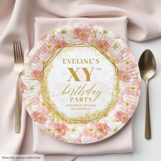Elegant Floral Dusty Pink Birthday Paper Plates    (Elegant Floral Dusty Pink Birthday Paper Plates

)
