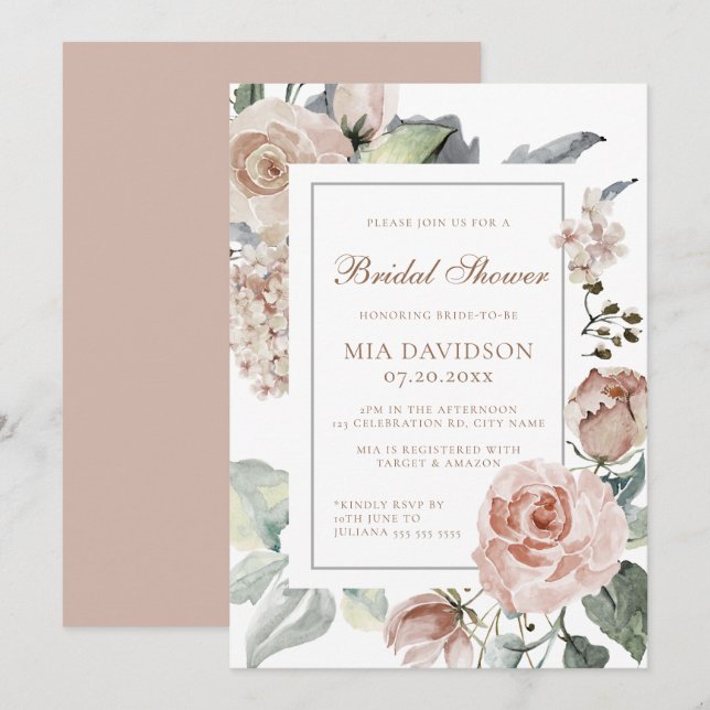 Elegant Floral Dusty Pink Bridal Shower Invitation (Front/Back)