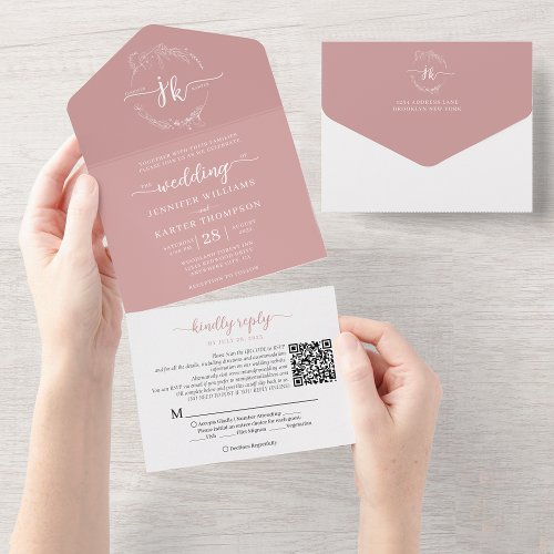 Elegant Floral Dusty Pink Monogram QR Code Wedding All In One Invitation