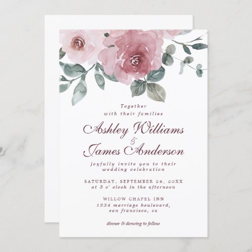 Elegant Floral Dusty Pink Rose Burgundy Wedding Invitation