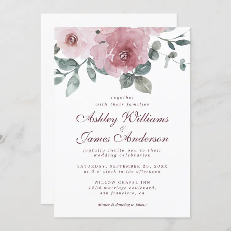 Elegant Floral Dusty Pink Rose Burgundy Wedding Invitation | Zazzle