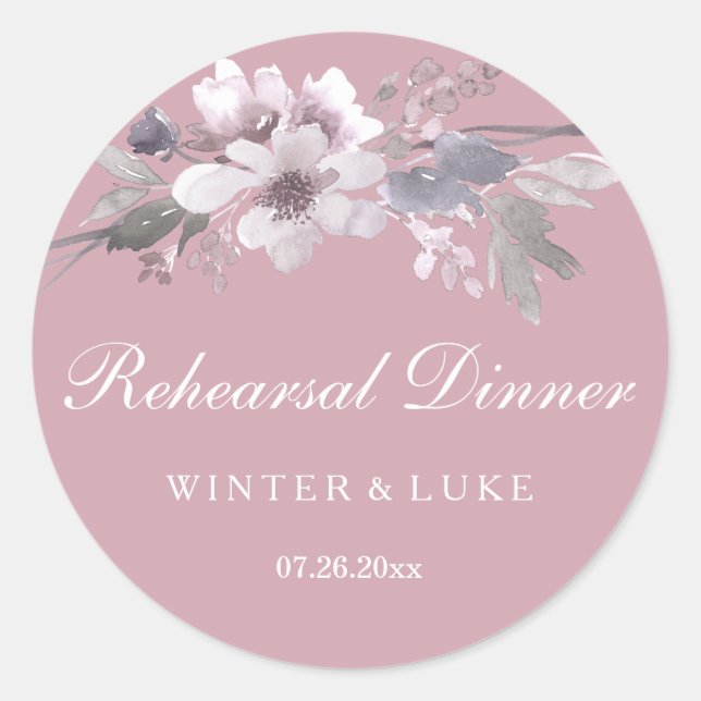 Elegant Floral Dusty Pink Wedding Rehearsal Dinner Classic Round Sticker (Front)