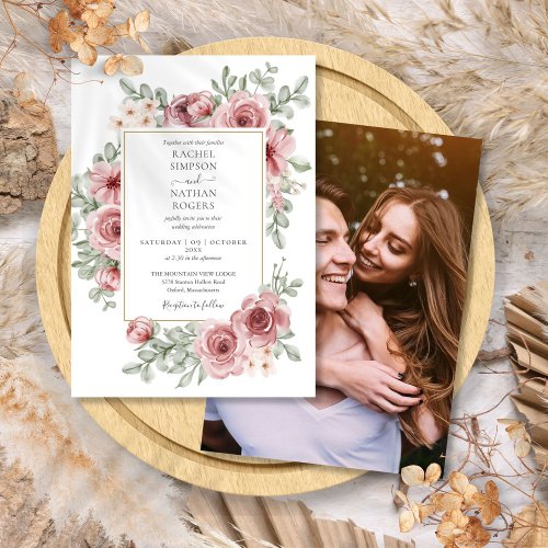 Elegant Floral Dusty Rose Gold Wedding Photo Invitation