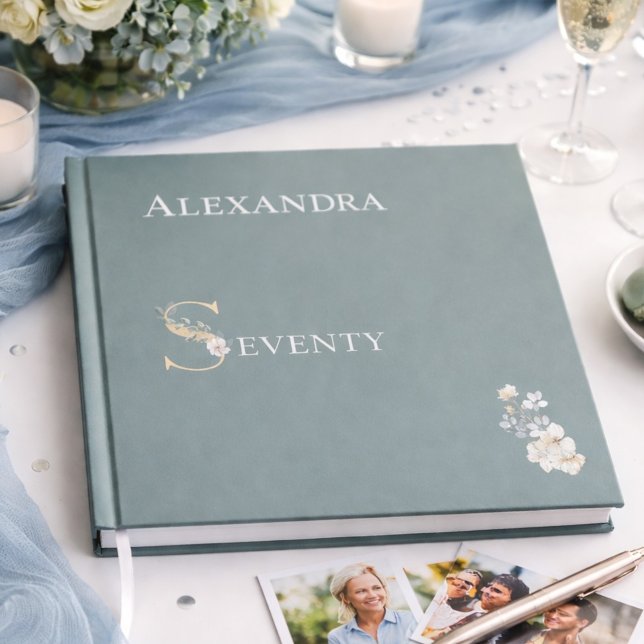 Elegant Floral Dusty Sage 70th Birthday Silver Foil Guest Book (Creator Uploaded)