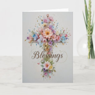 Elegant Floral Easter Cross Blessings  Holiday Card