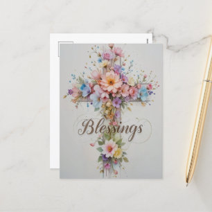 Elegant Floral Easter Cross Blessings Holiday Postcard