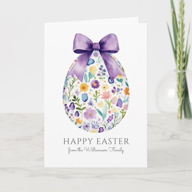 Elegant Floral Easter Egg with Bow Personalized Card (Front)