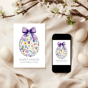 Elegant Floral Easter Egg with Bow Personalized Card