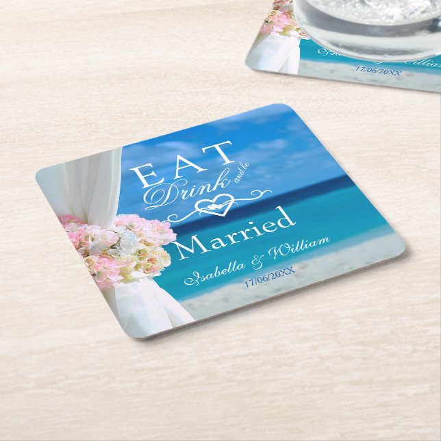 Elegant Floral Eat Drink Married Beach Wedding Square Paper Coaster (Angled)