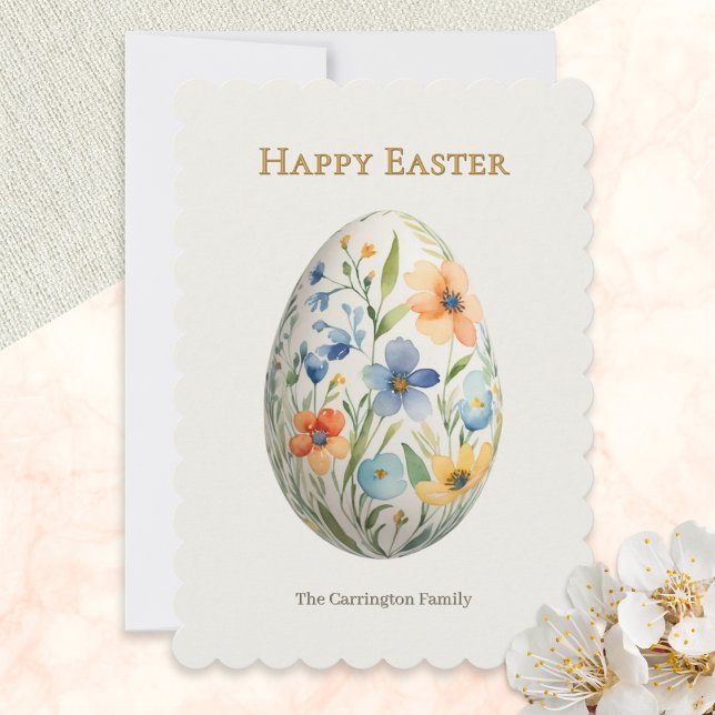Elegant Floral Egg Pretty Spring Flowers Easter Holiday Card (An Easter card with floral egg design in a vintage style, Happy Easter greeting and custom text)