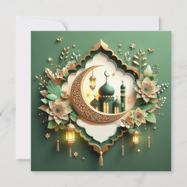 Elegant Floral Eid Mubarak Crescent Mosque Green Holiday Card (Front)