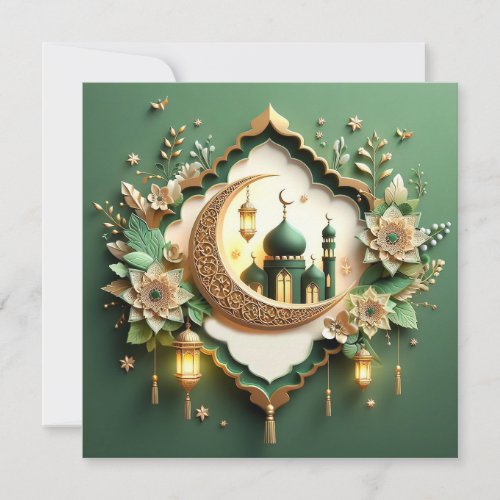 Elegant Floral Eid Mubarak Crescent Mosque Green Holiday Card