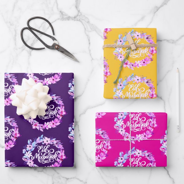  Elegant Floral Eid Mubarak Gift  Wrapping Paper Sheets (Front)