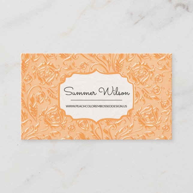 Elegant Floral Embossed Peach Color Business Card (Front)