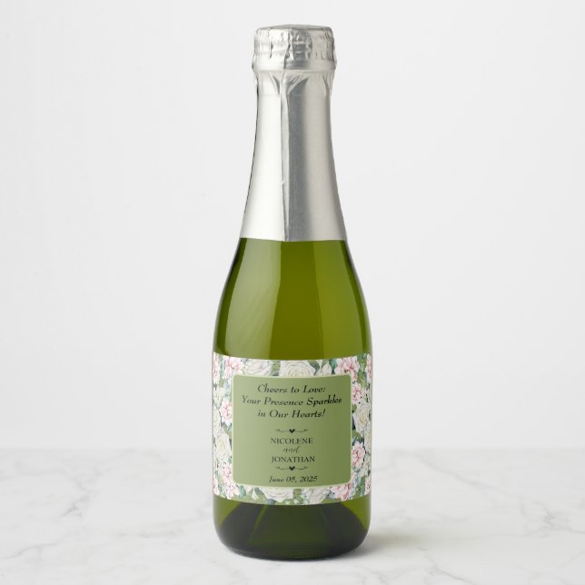 Elegant Floral Embrace Wedding Mini Sparkling Wine Label (Front)