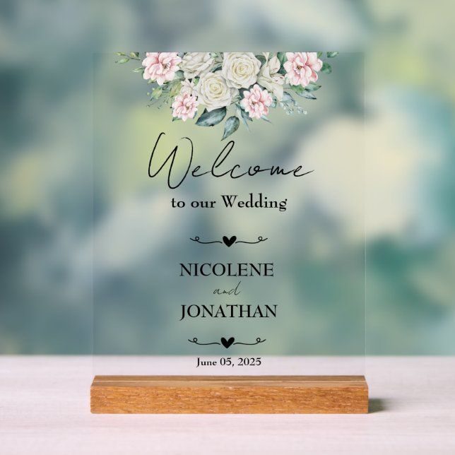 Elegant Floral Embrace Wedding Welcome Acrylic Sign (Neutral)