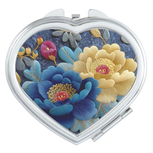 Elegant Floral Embroidered Look Vintage Peony Compact Mirror