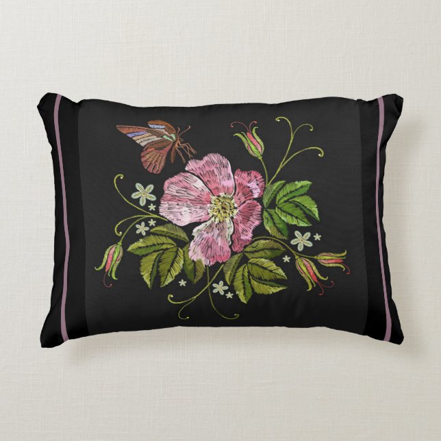 Elegant Floral Embroidery Pattern Black Background Accent Pillow (Front)