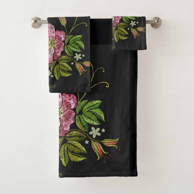 Elegant Floral Embroidery Pattern Black Background Bath Towel Set (Insitu)