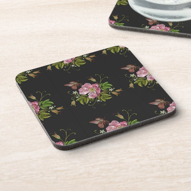 Elegant Floral Embroidery Pattern Black Background Beverage Coaster (Left Side)