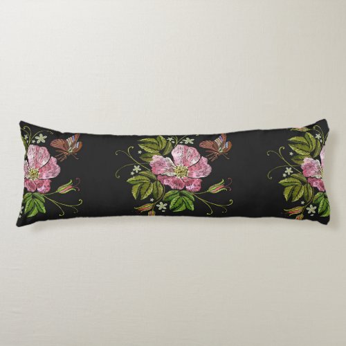 Elegant Floral Embroidery Pattern Black Background Body Pillow
