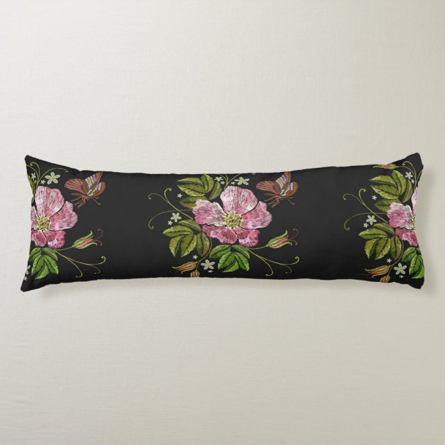 Elegant Floral Embroidery Pattern Black Background Body Pillow (Front)