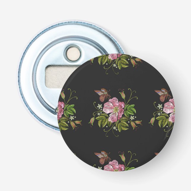 Elegant Floral Embroidery Pattern Black Background Bottle Opener (Front)