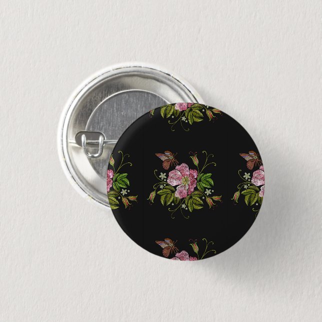 Elegant Floral Embroidery Pattern Black Background Button (Front & Back)