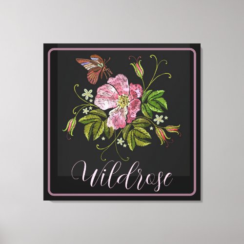 Elegant Floral Embroidery Pattern Black Background Canvas Print