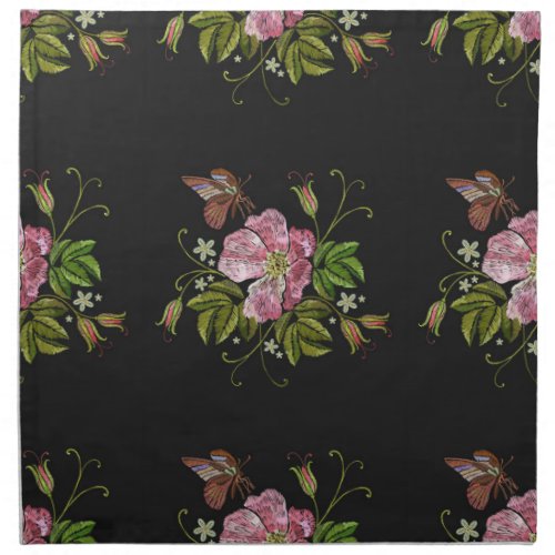 Elegant Floral Embroidery Pattern Black Background Cloth Napkin